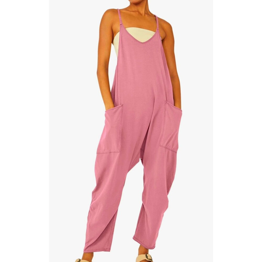 Women's Purple Solid Scoop Neck Spaghetti Strap Jumpsuit L Pockets